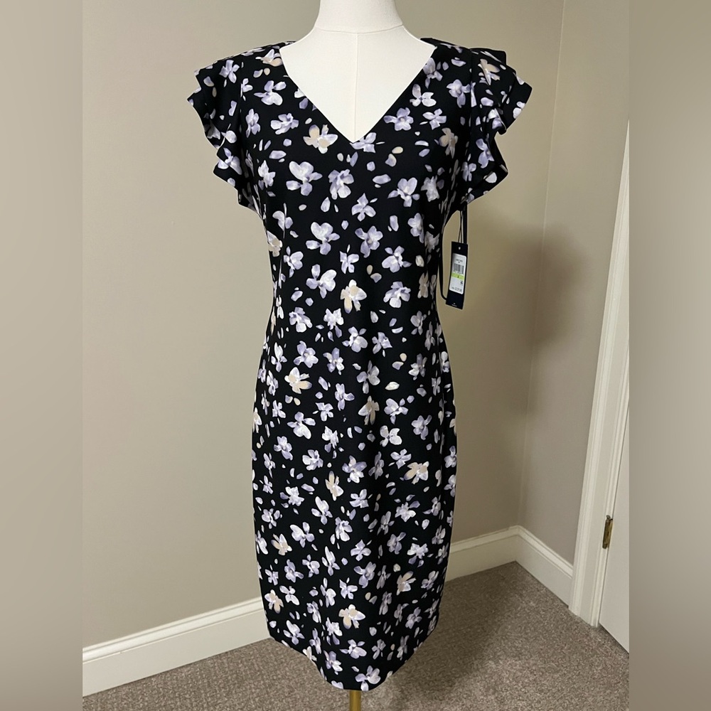NWT Tommy Hilfiger Black and White Sheath Dress with Flutter Sleeves